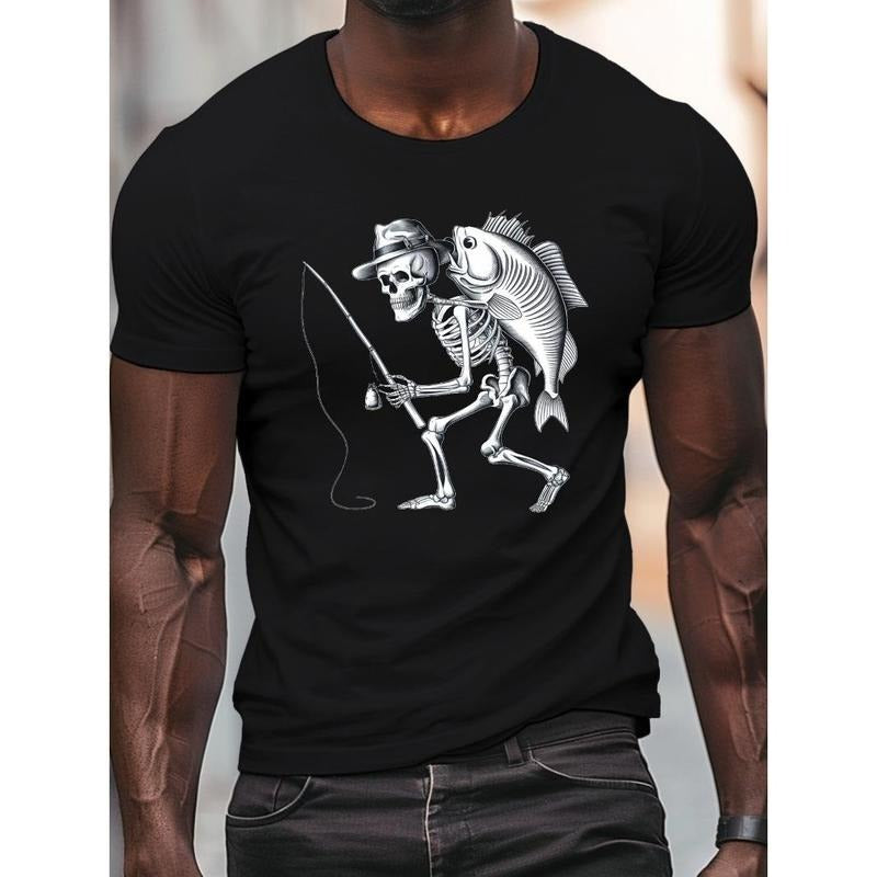 Plus Size Men's Summer T-shirt, Skeleton Fishing Activity Graphic Print Short Sleeve Tees Trend Casual Tops For Daily Life, Big & Tall Guys Made in USA