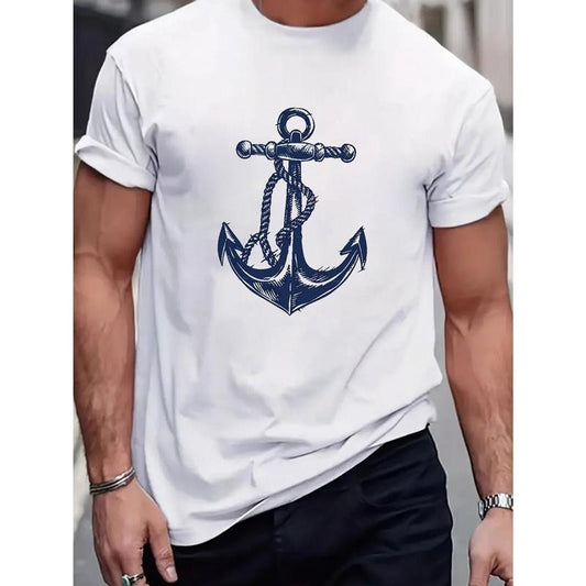 Plus Size Nautical Anchor Print T-Shirt - Classic Crew Neck, Short Sleeves, Sports Tee Tops for Summer Clothing - Mens Comfortable Casual Wear with Unique Print Design Made in USA