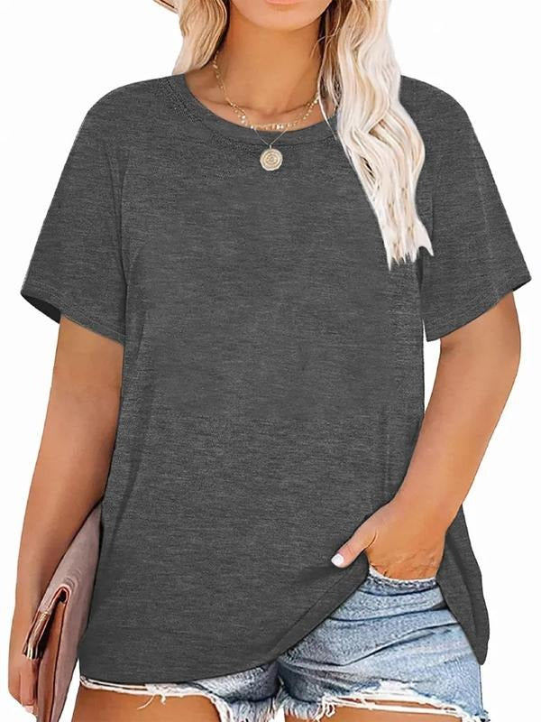 Plus Size Plain Round Neck Tee, Casual Short Sleeve Crew Neck T-shirt, Women'WB shield Plus Clothing for Summer Daily...