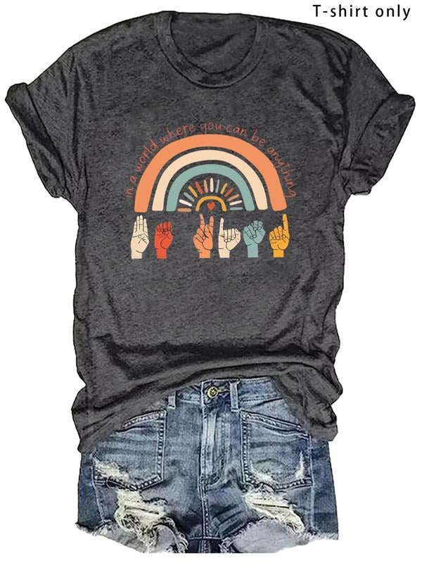 Plus Size Rainbow & Hand Print Round Neck Tee, Casual Short Sleeve Letter Graphic T-shirt, Women'WB shield Summer Outfit...