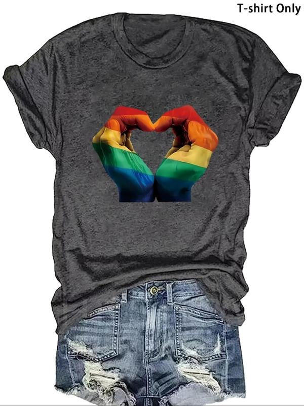 Plus Size Rainbow Heart & Hand Print Tee, Casual Short Sleeve Round Neck T-shirt, Women'WB shield Summer TNF for Daily...