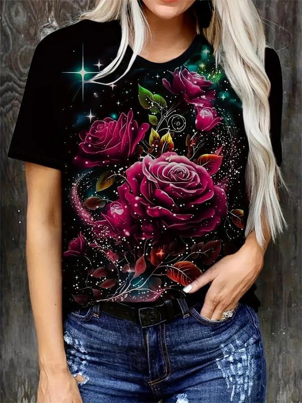 Plus Size Rose Print Round Neck Tee, Fashion Casual Short Sleeve T-shirt for Daily Outdoor Wear, Women Plus Clothing for...