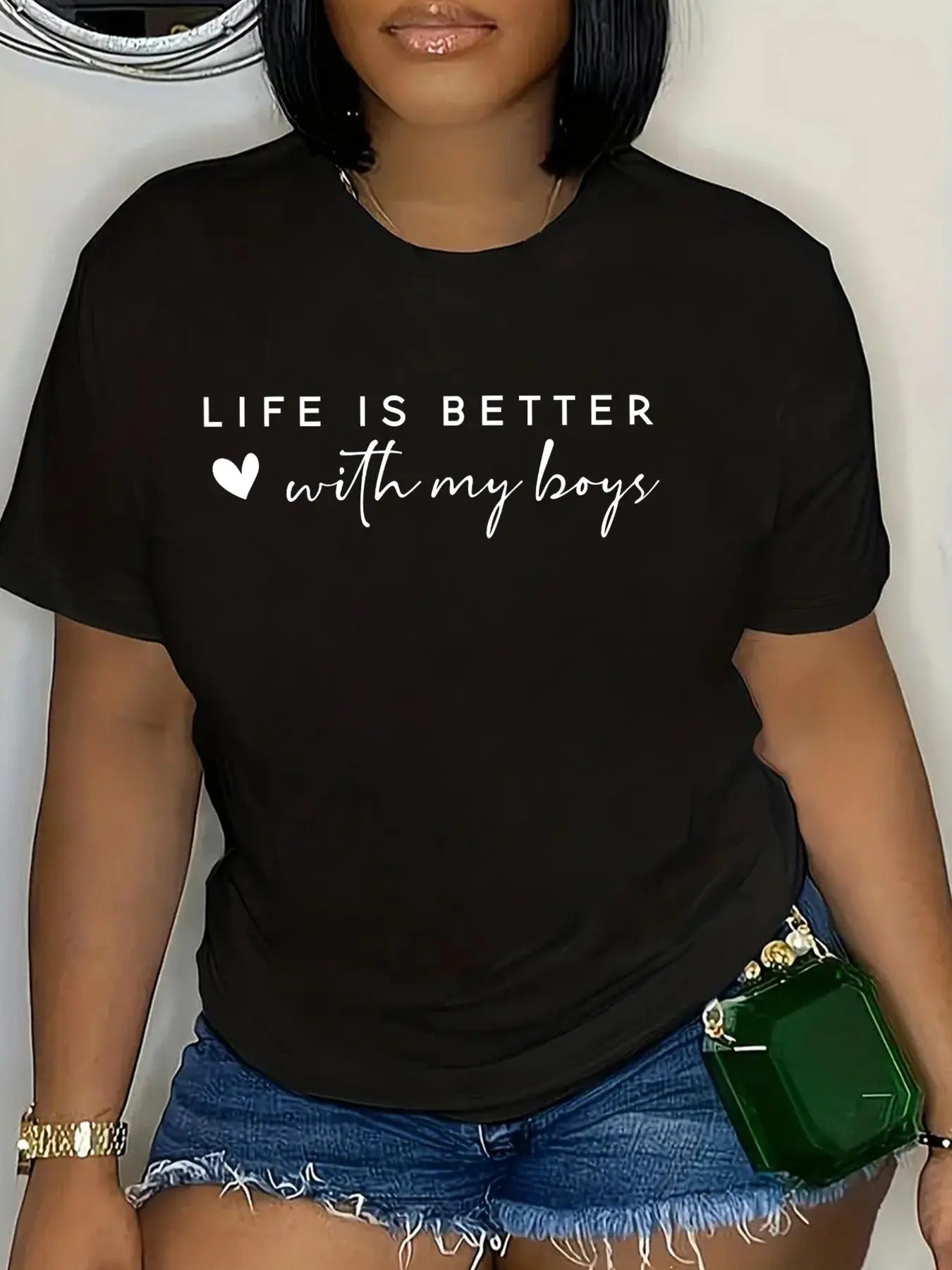 Plus Size Slogan & Heart Print Round Neck Tee, Casual Short Sleeve Crew Neck T-shirt, Women'WB shield Plus Clothing for...