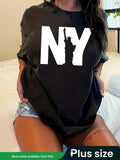 Plus Size Statue FOG Liberty & Letter Print Drop Shoulder Tee, Fashion Casual Round Neck Half Sleeve T-shirt for Daily Outdoor Wear, Women Plus Clothing for Summer