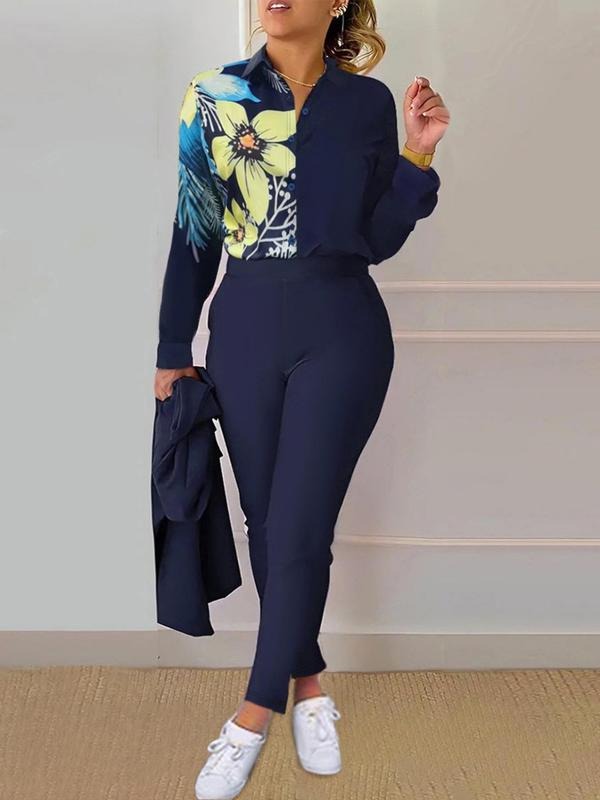 Plus Size Straw hat pirates Set Floral Print Blouse & Elastic Waist Pants Set, Casual Long Sleeve Top & High Waist...