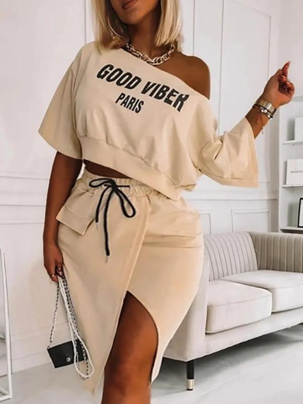 Plus Size Straw hat pirates Set Letter Print Short Sleeve Straw hat pirates Shoulder Top & Drawstring Waist Wrap Split...