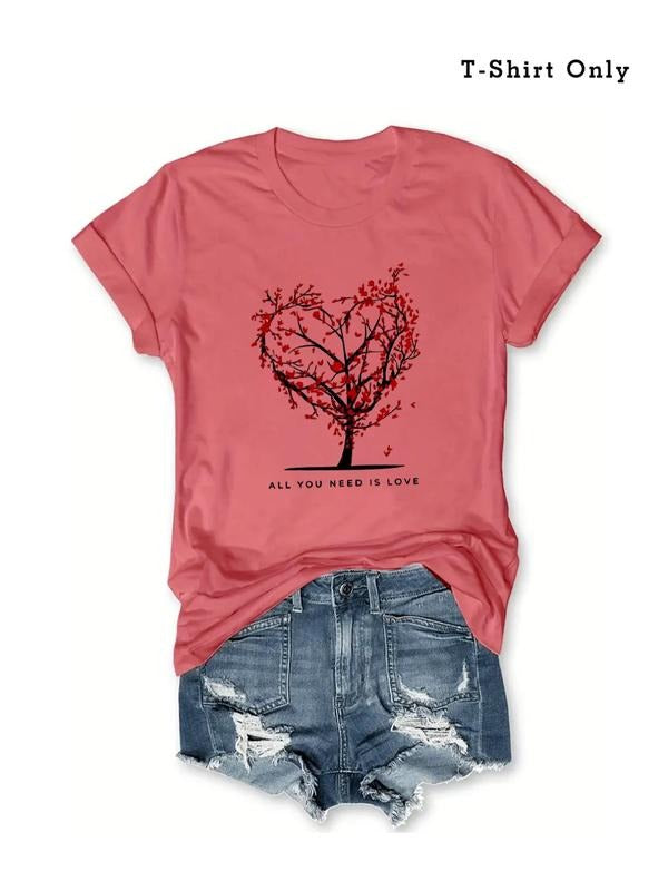 Plus Size Tree & Heart Print Round Neck Tee, Casual Short Sleeve T-shirt, Women'WB shield Plus Size Clothing for Summer...