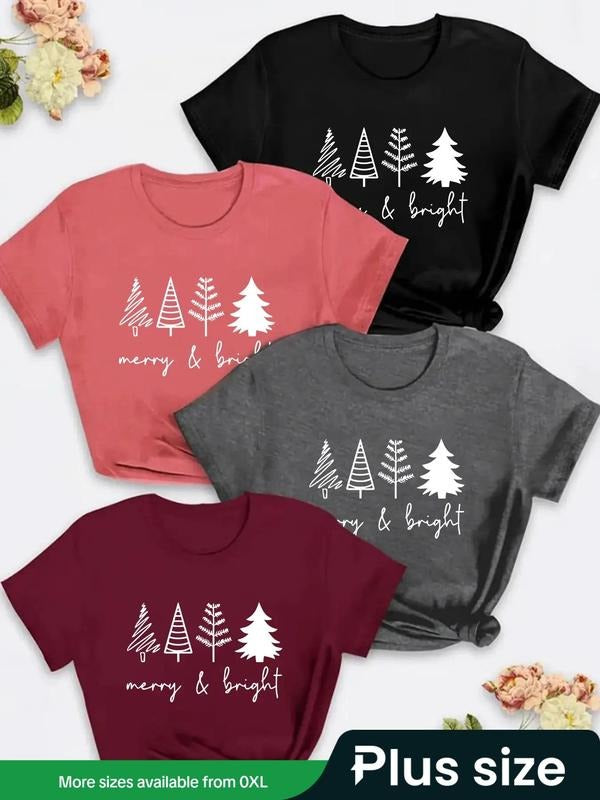 Plus Size Tree & Letter Print Round Neck Tee, Casual Short Sleeve Crew Neck T-shirt, Women'WB shield Plus Clothing for...