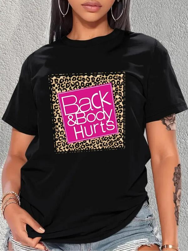 Plus Size Women'WB shield Leopard & Letter Print Round Neck Tee, Casual Short Sleeve T-Shirt, Women'WB shield Plus...