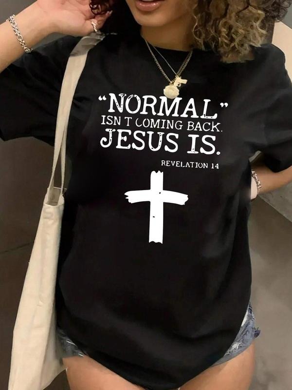 Plus Size Women'WB shield Letter & Cross Print Tee, Trendy Crew Neck Short Sleeve T-Shirt, Women Plus Clothing for Summer...