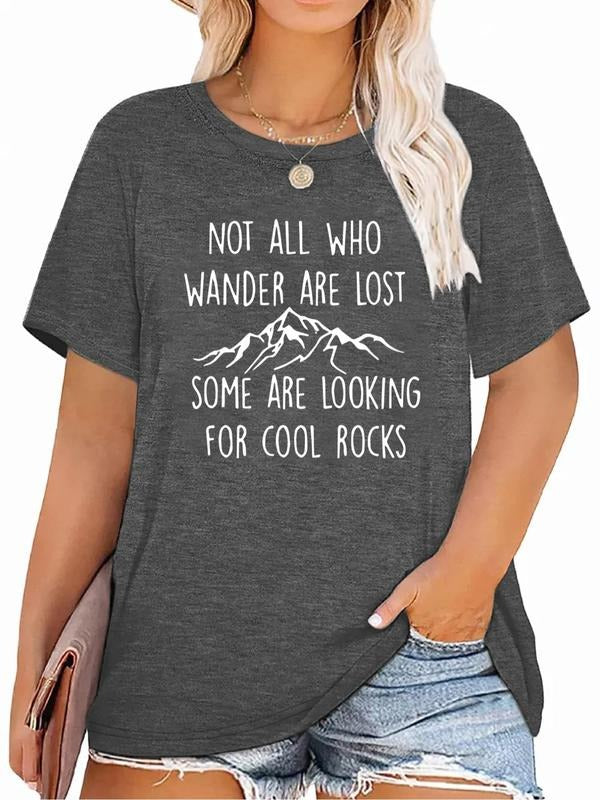 Plus Size Women'WB shield Mountain & Slogan Print Tee, Stylish Crew Neck Short Sleeve T-Shirt, Women'WB shield Plus...