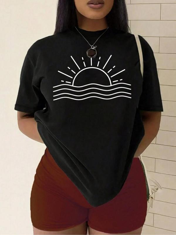 Plus Size Women'WB shield Sun Print Round Neck Tee, Casual Short Sleeve Crew Neck T-Shirt, Women'WB shield Plus Clothing...
