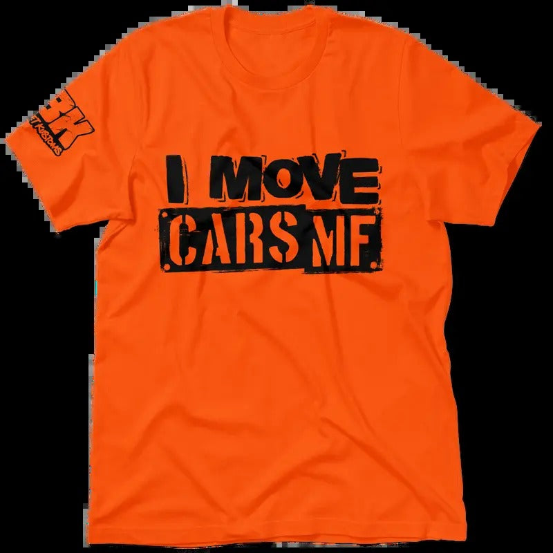 FBK I Move Cars Hi Visibility Safety Orange T-Shirt Jersey Men's 30-Day Guarantee Quality Cotton/Poly Blend with Blue Collar