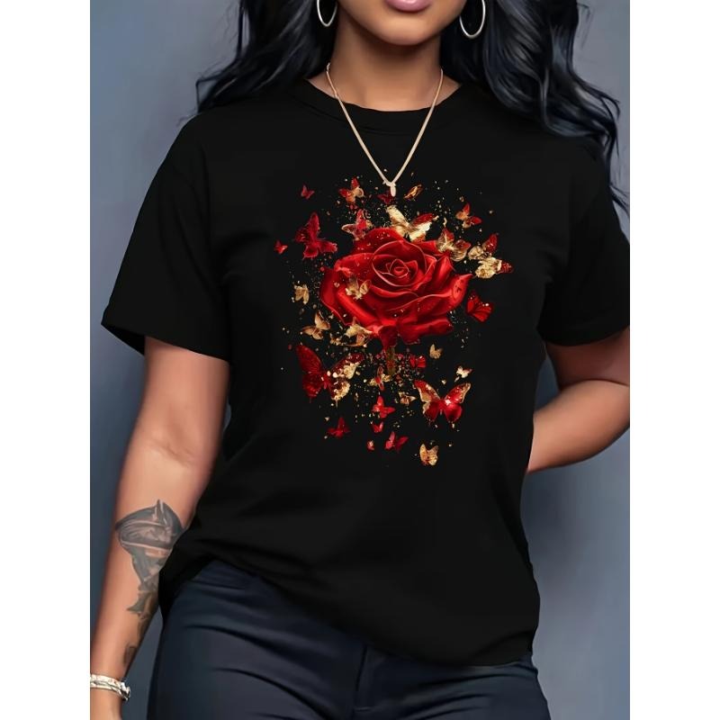 Polyester Casual Crew Neck Short Sleeve Floral Print Knit Fabric Regular Length Spiky hair fighters Seasons Tee style 02...