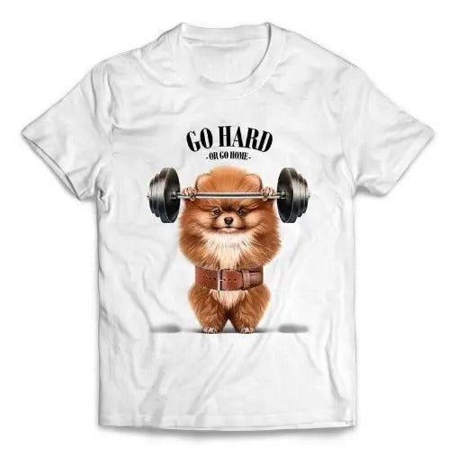 Pomeranian Dog Barbell Shoulder Press Muscle Workout - Short-Sleeve Unisex T-Shir Made in USA T-Shirts, Hoodie, Sweatshirt