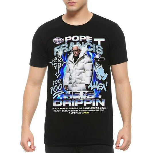 Pope Francis He Is Drippin Cool Hip-Hop Style T-Shirt Crew Neck Short Sleeve T-Shirt Tops Trendy for Unisex