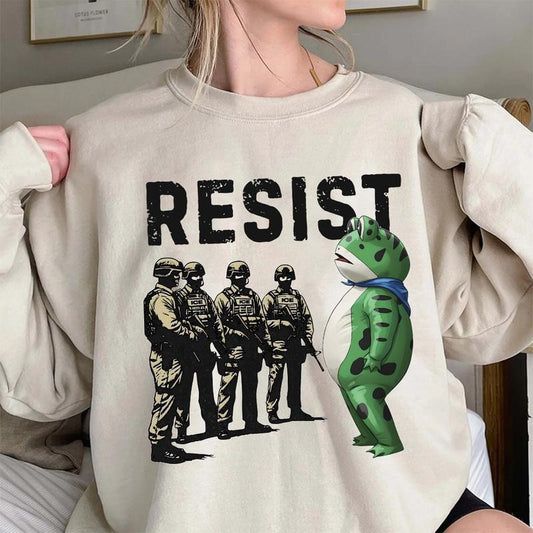 Portland Frog Resist Protest Sweatshirt, Anti Fascism Shirt, Anti Trump Graphic, vintage Activist Tee, I Stand with Frog Shirts, No Kings  Day Casual Womenswear