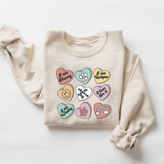 Positive Affirmations Sweatshirt, Conversation Hearts Valentine Sweatshirt, Heart Candy Shirt, Teacher Valentine Sweatshirt, Women's Valentines Day Sweatshirt, Retro Heart Sweatshirt