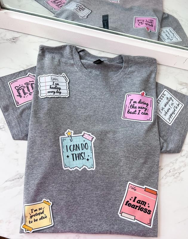 Positive Afirrmation Sticky Note Long or Short Sleeve Graphic Tee Unisex Screen Printed T-Shirt Womenswear Crewneck Casual Tshirt Top