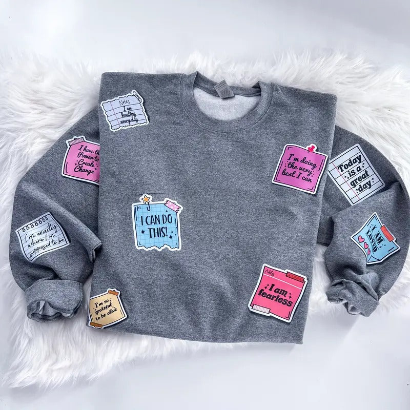 Positive affirmation Sticky Note Sweatshirt or Hoodie with sleeve prints Comfy Unisex Tops T-Shirts | DripVista.com