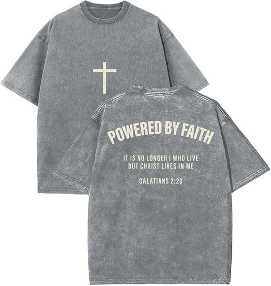 Powered By Faith Unisex Washed T-Shirt, Christian Tshirts, Vintage 90s Graphic Tee, Gift Top Womenswear Cotton Mineral Color