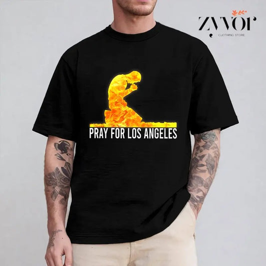 Pray for Los Angeles Tee Pure Cotton Casual Style Crew Neck Short Sleeve T-Shirt Tops Trendy for Unisex