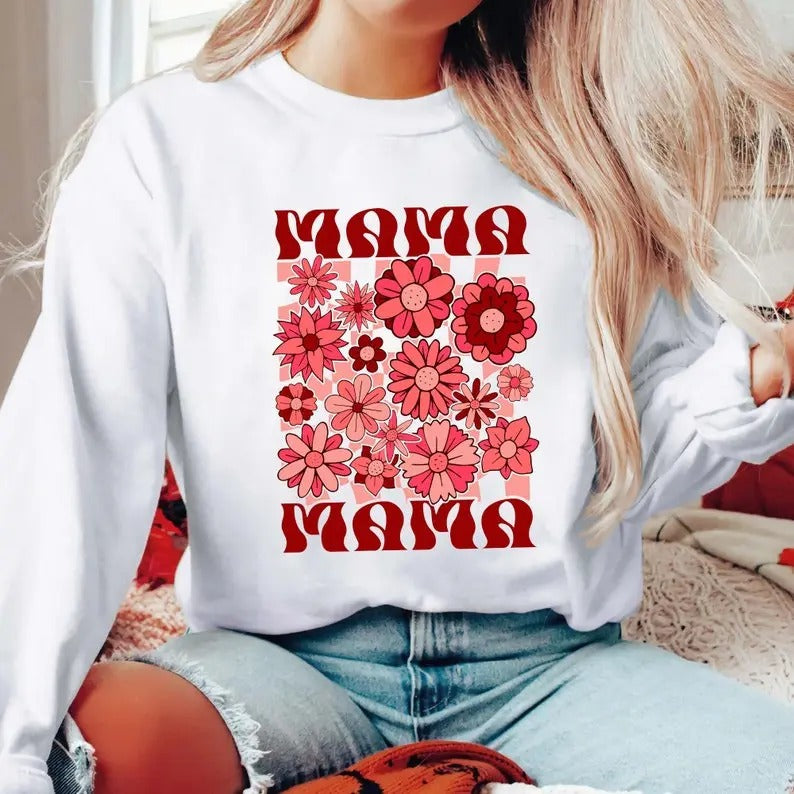 Premium  Checkered Mama Sweatshirt, Floral Mama Shirt, Wildflowers Mama Shirt, Mothers Day Gift, Aesthetic, Trendy Mom Shirt, Motherhood Shirt