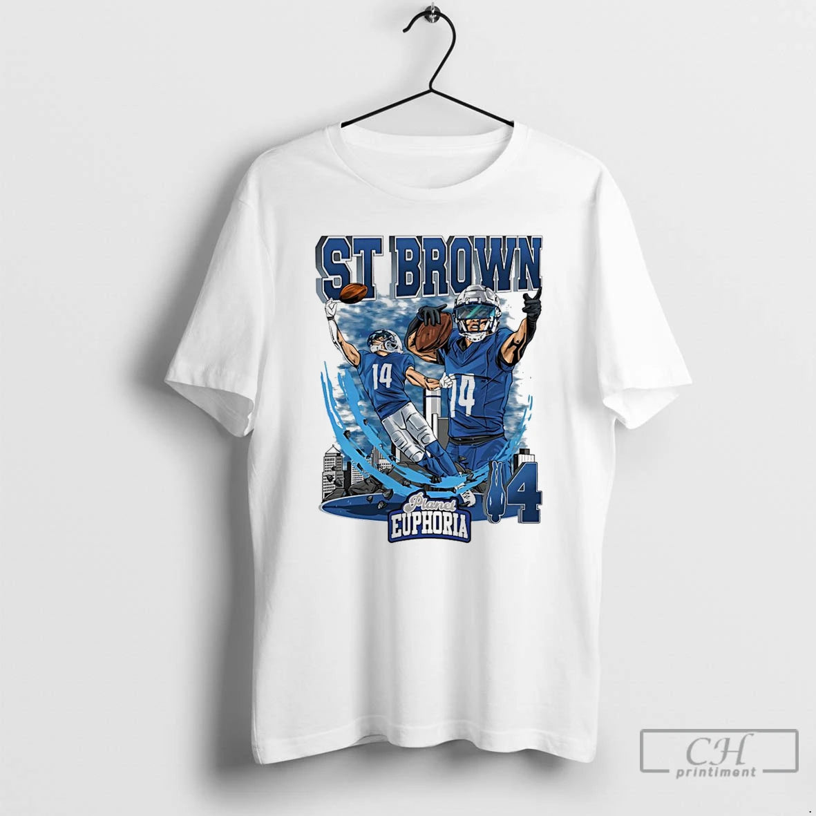 Premium Amon Ra St Brown 14 Detroit Lions Football Skyline Graphic T-Shirts, Hoodie, Sweatshirt | DripVista.com