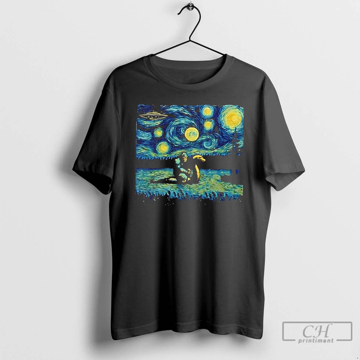 Premium Bigfoot Riding Nessie Hilarious Starry Night T Shirts