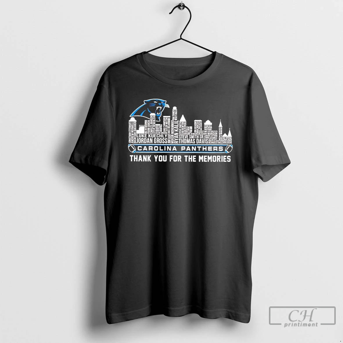 Premium Carolina Panthers Players Names Skyline Thank You For The Memories T-Shirts, Hoodie, Sweatshirt | DripVista.com