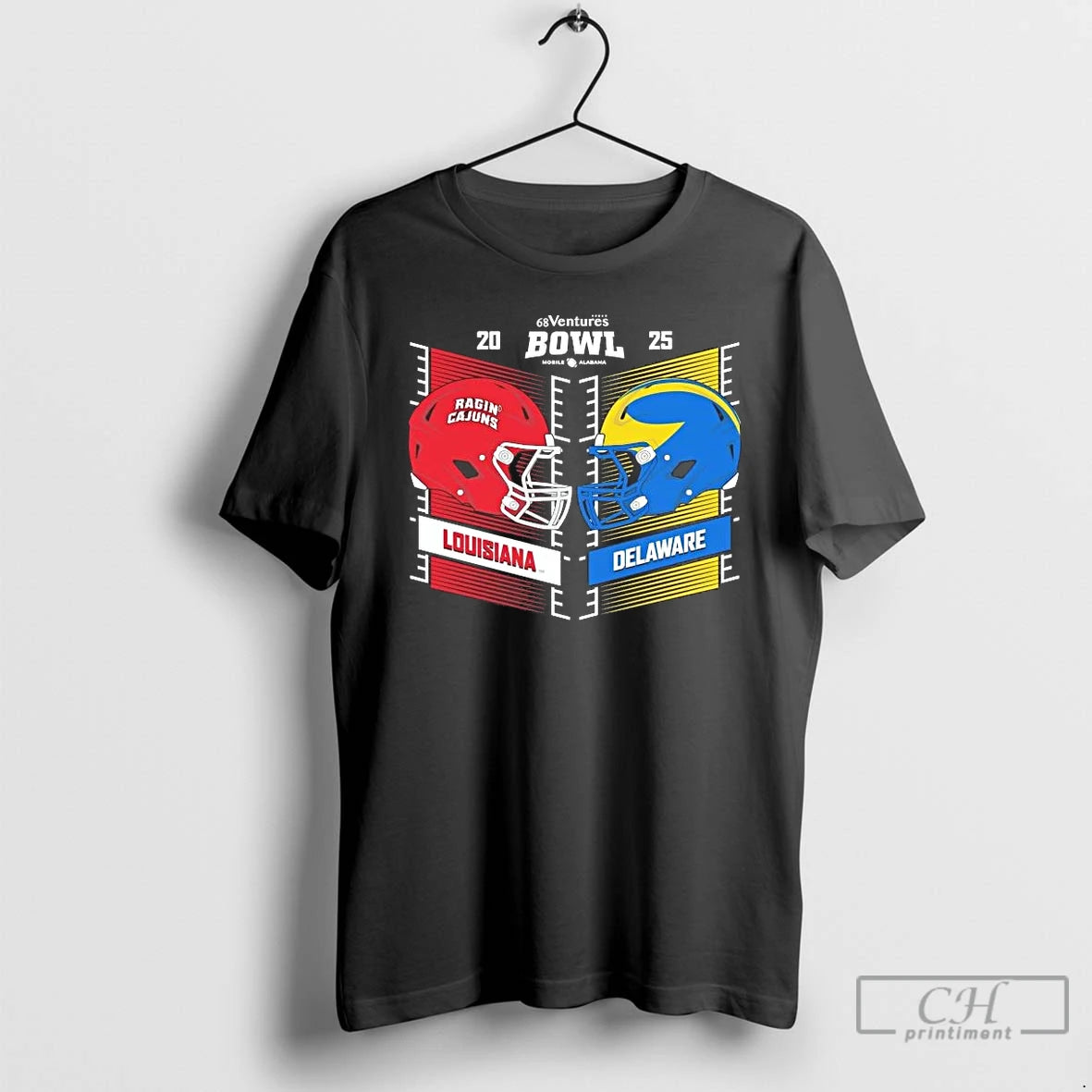 Premium Delaware Vs Louisiana 2025 68 Ventures Bowl Head To Head Helmet T Shirts Sweater Hoodie, Sweatshirt | DripVista.com