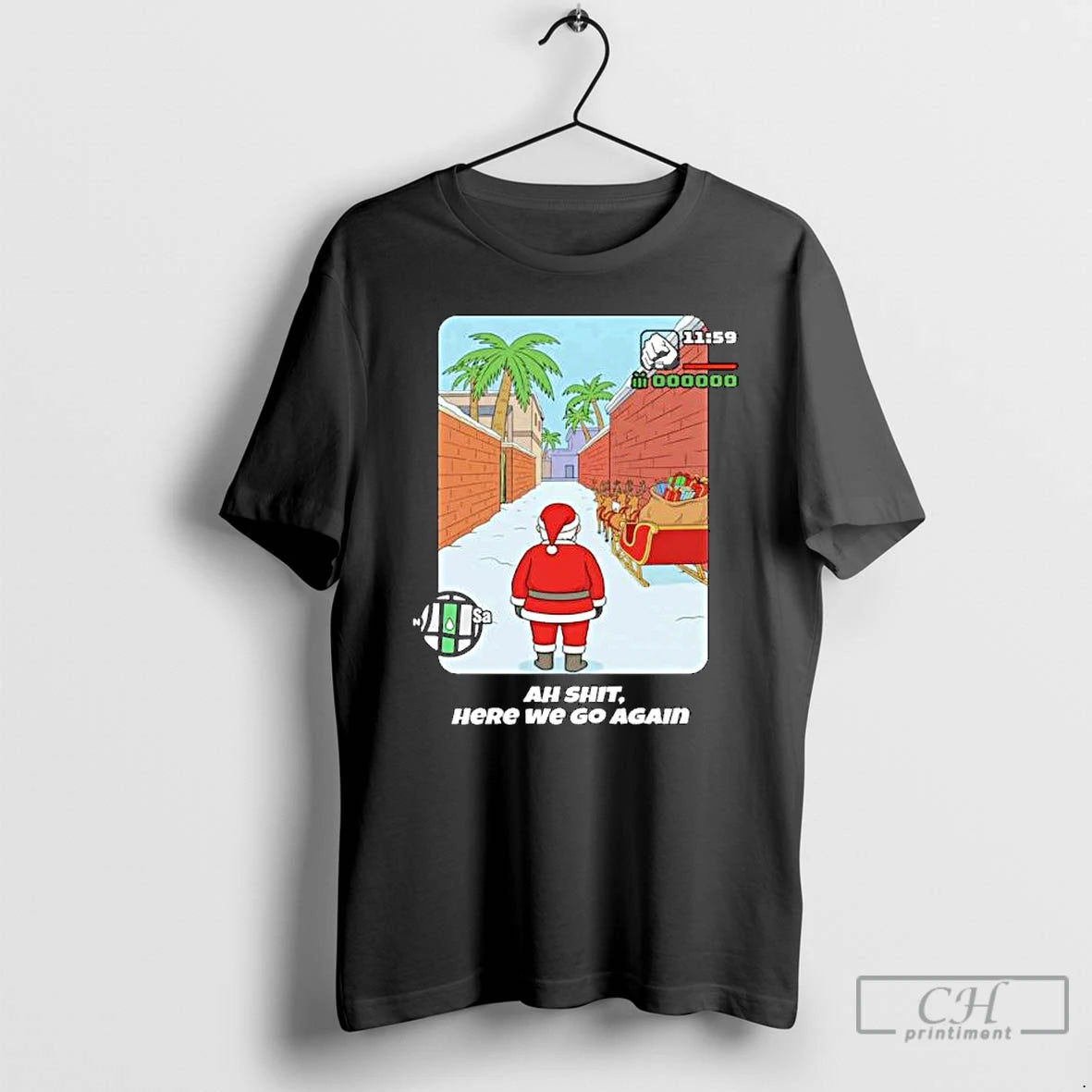 Premium Gta Santa Here We Go Again Funny Christmas Ornaments T-Shirts, Hoodie, Sweatshirt | DripVista.com
