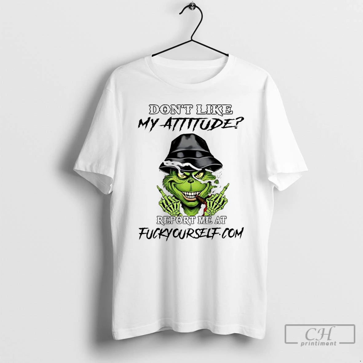 Premium Grinch Cigar Dont Like My Attitude Report Me At Fucktyourselft T-Shirts, Hoodie, Sweatshirt | DripVista.com