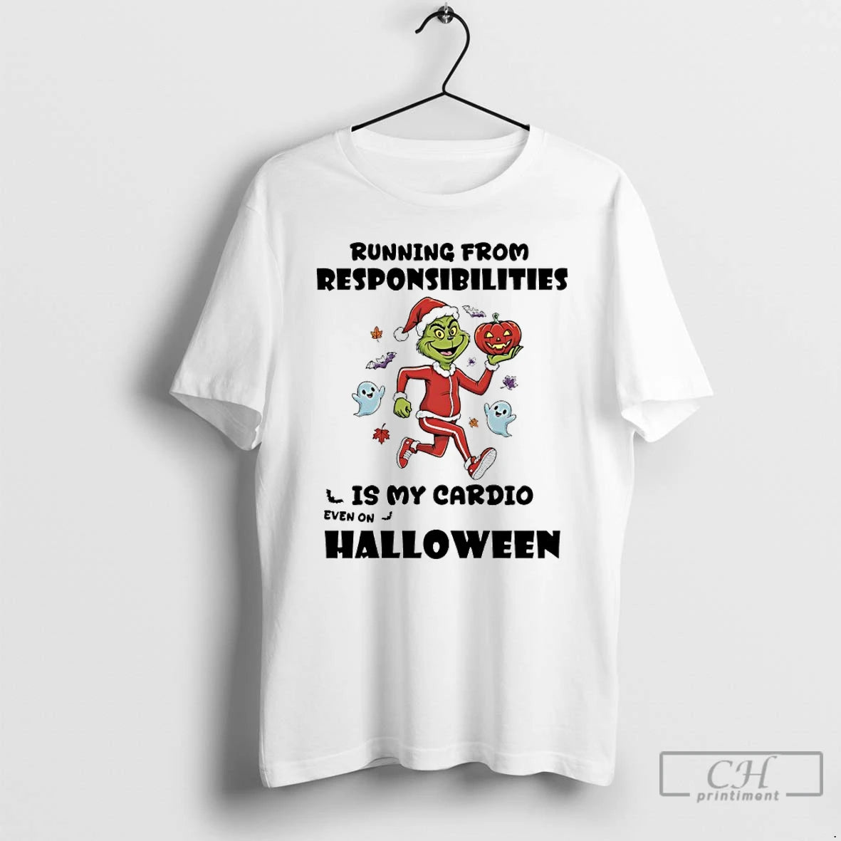 Premium Grinch Santa Running From Respinsibilities Is My Cardio Even On Halloween T Shirts