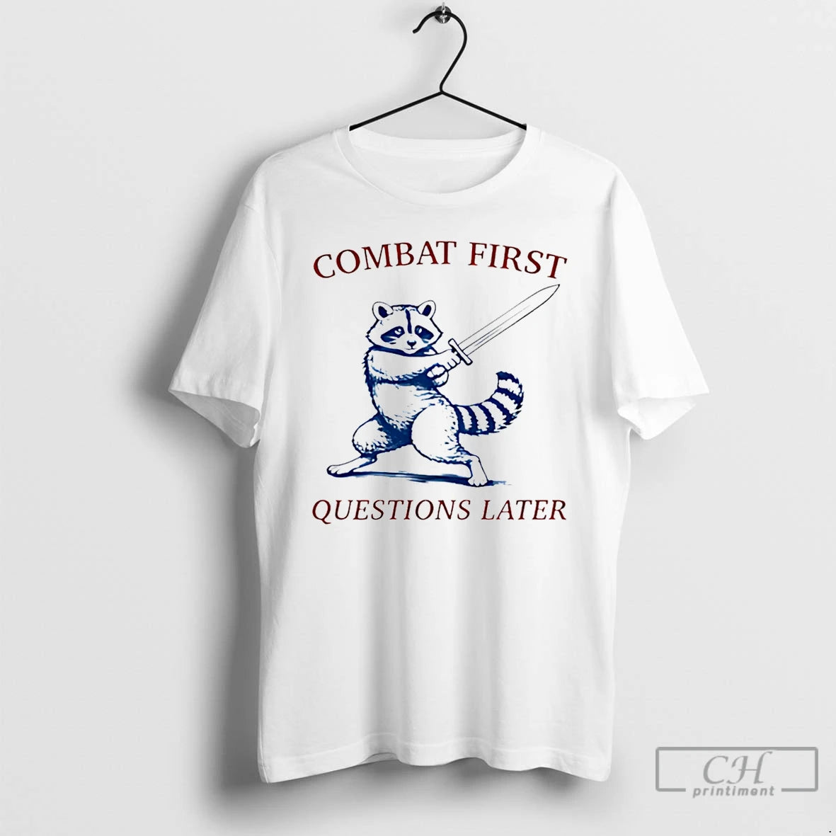 Premium Raccoon Combat First Questions Later T-Shirts, Hoodie, Sweatshirt | DripVista.com