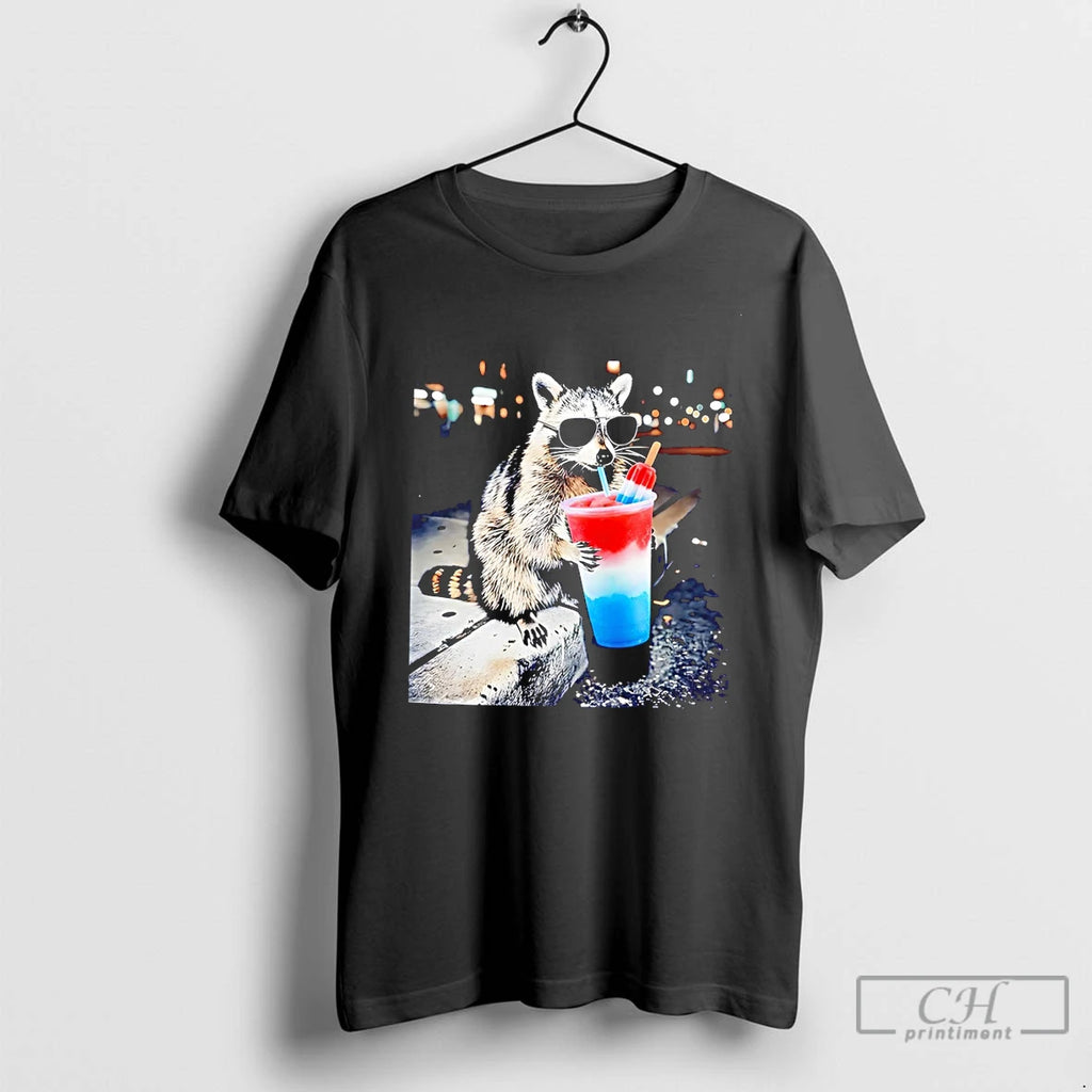 Premium Raccoon Holding A Red White And Blue Slushy With Popsicle