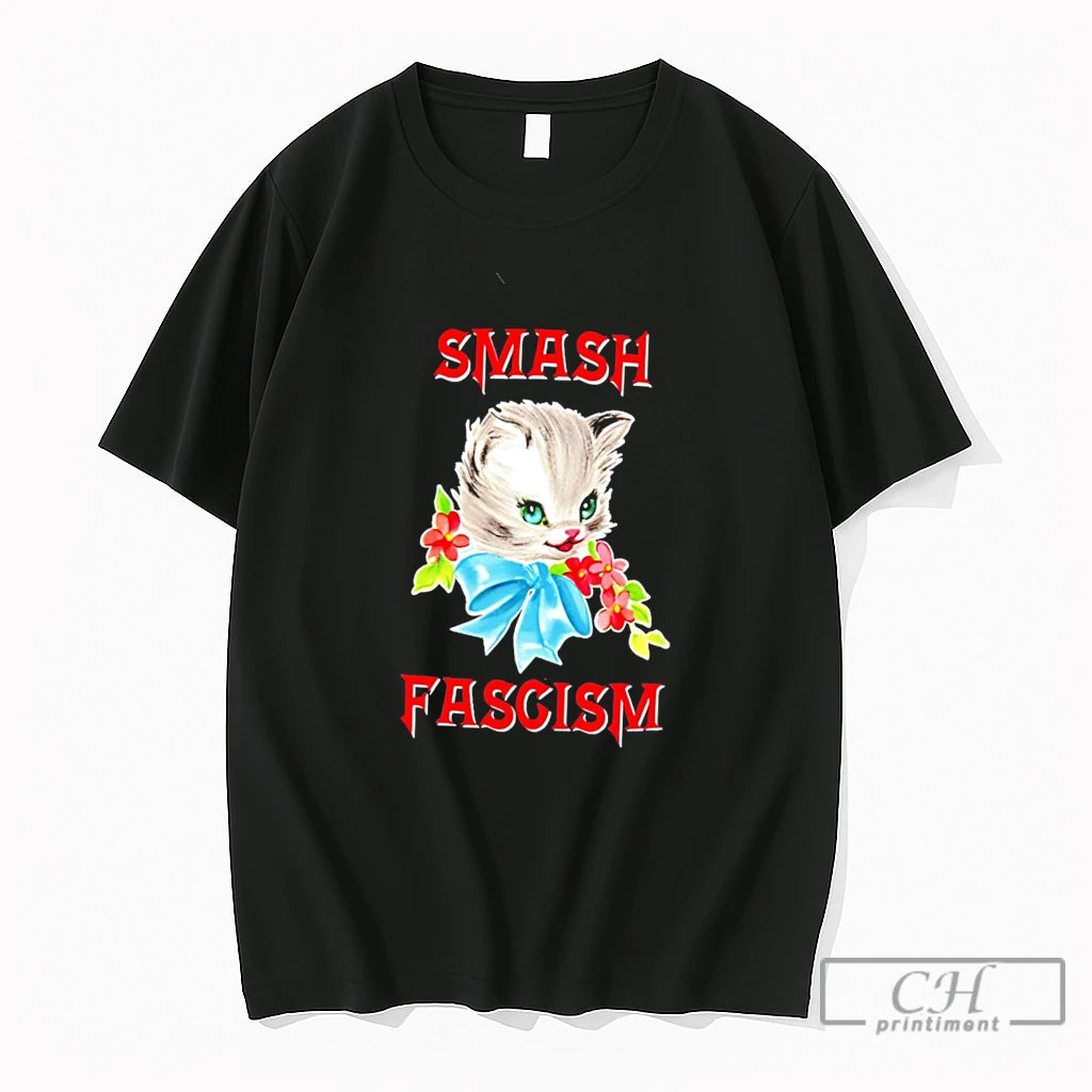 Premium Smash Fascism Cute Cat Illustration Vintage Tee
