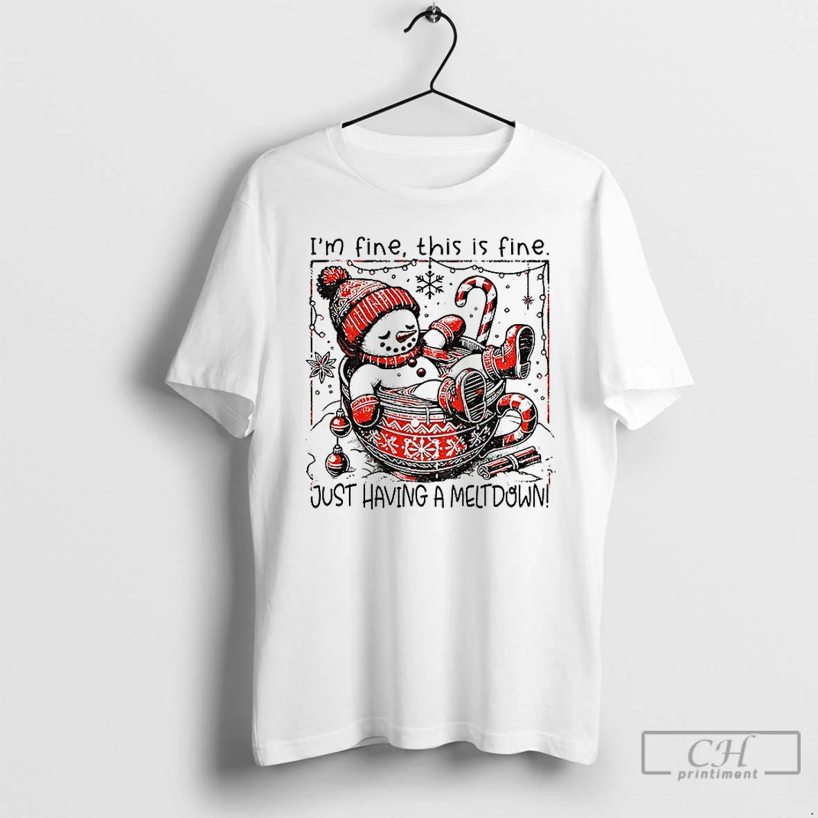 Premium Snowman Santa Hat Im Fine This Is Fine Just Having A Meltdown Merry Christmas T-Shirts, Hoodie, Sweatshirt