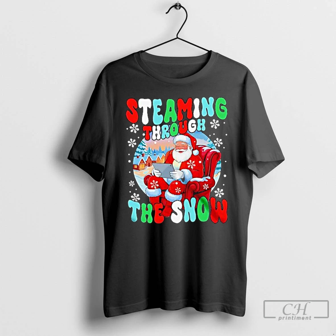 Premium Streaming Through Snow Groovy Santa Merry Christmas T-Shirts, Hoodie, Sweatshirt | DripVista.com