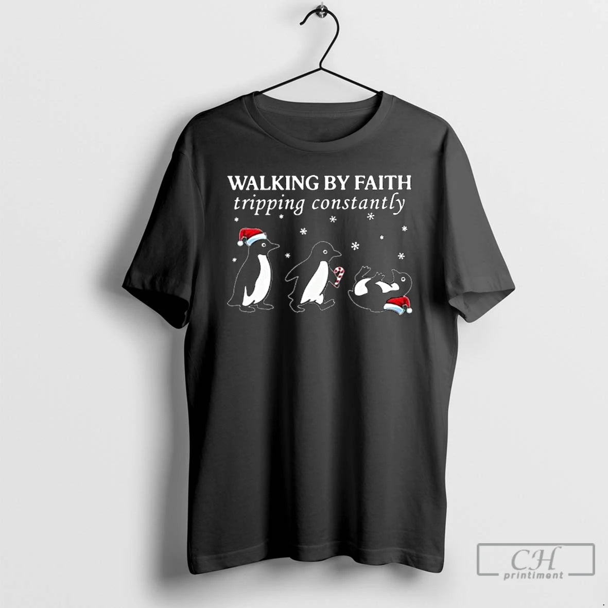 Premium Walking By Faith Tripping Constantly Christmas Penguin T-Shirts, Hoodie, Sweatshirt | DripVista.com