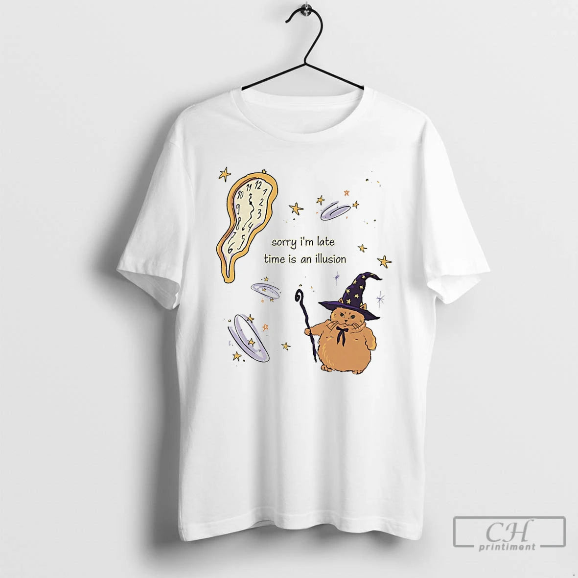 Premium Wizard Cat Sorry Im Late Time Is An Illusion T-Shirts, Hoodie, Sweatshirt | DripVista.com