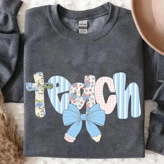 Preppy Teacher Floral Coquette Shirt, Teach Blue Floral T-shirt, Everyday Pencil Bow Sweat, Teacher Appreciation Gift,  Funny School Tee P9EBW