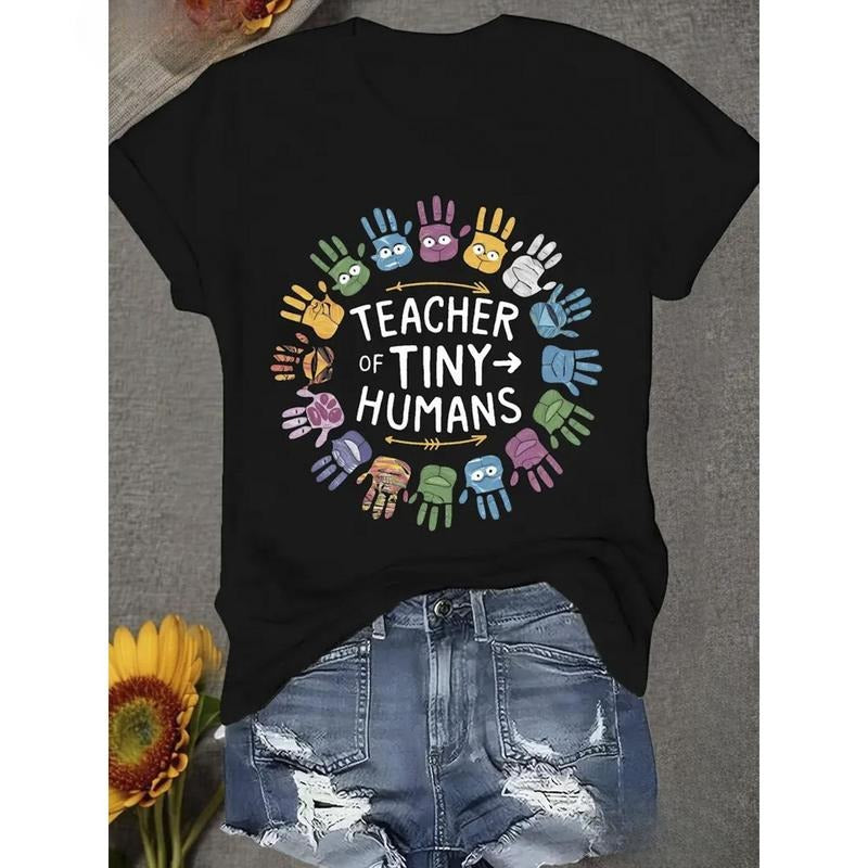 Printed T-Shirt with Little Human Teacher Pattern, Spring Gunpla brand Summer Round Neck Short Sleeved Women'WB shield...