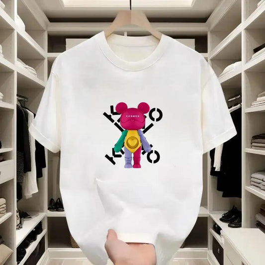 Printed with colorful trendy bear patterns, paired with personalized letter elements, full of fashion sense. The pure cotton fabric is comfortable and skin-friendly, easily helping you create street fashion style