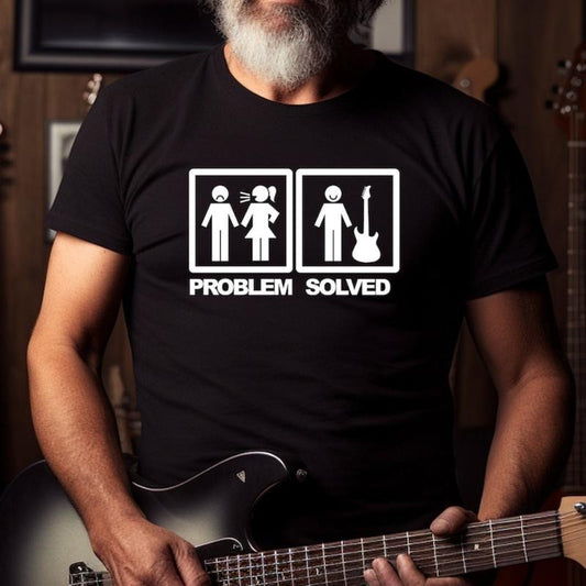Problem Solved Guitar T-shirt - Mens Funny Guitarist Dad Grandad Husband Marriage Joke Birthday Christmas Gift Top made in usa