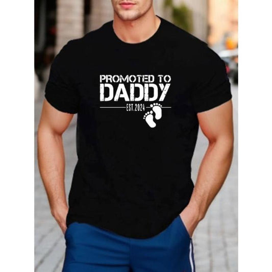 Promoted To Daddy Letter Print Men's Short Sleeve Crew Neck T-Shirts, Comfy Casual Breathable Slightly Stretch Tops, Men's Clothing Made in USA