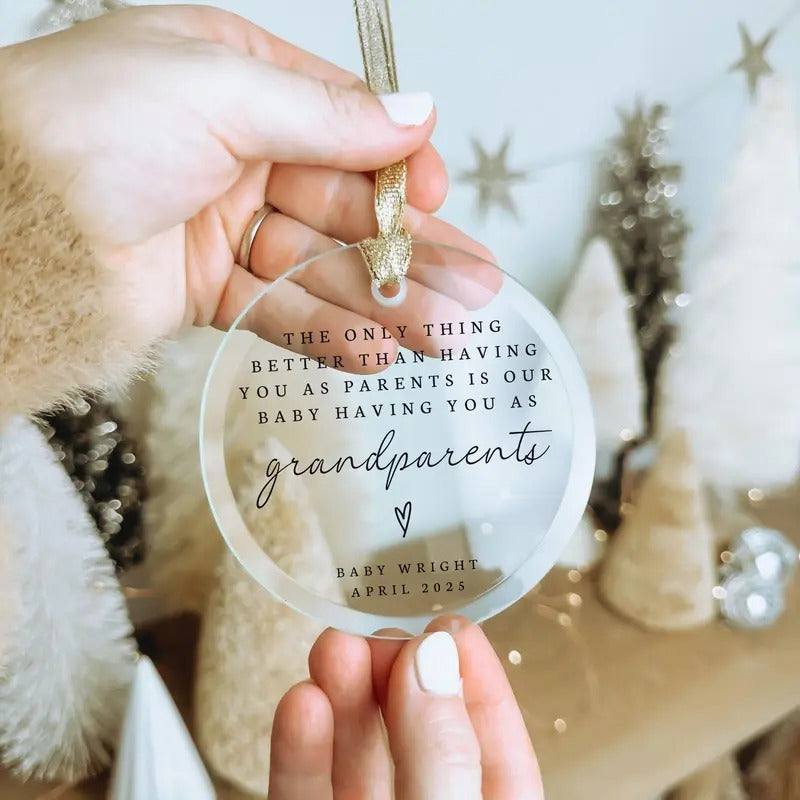Promoted to Grandparents Ornament - Personalized Pregnancy Announcement - Baby Clothesline - Black Doodle Puppy First...
