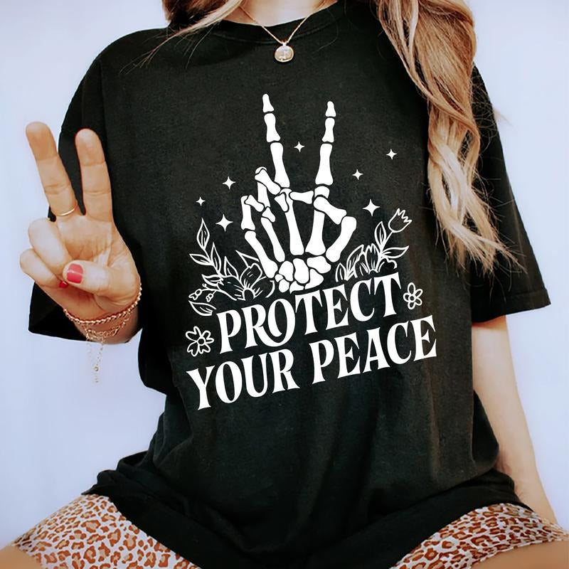 Protect Your Peace Shirt, Mental Health T-shirt, Positive Women Tee, Floral Peace Sign Graphic Printed T-shirt, Cotton Fabric Comfort Shirt For Women, Women's Tops, Womenswear Cotton Fabric Relaxed Fit Chic Style