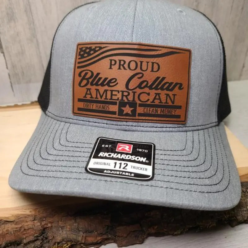 Proud Blue Collar American Hat Richardson 112 Leather Patch Men's Hat FlexFit FlatBill Trucker Style Hat mens hats dad...