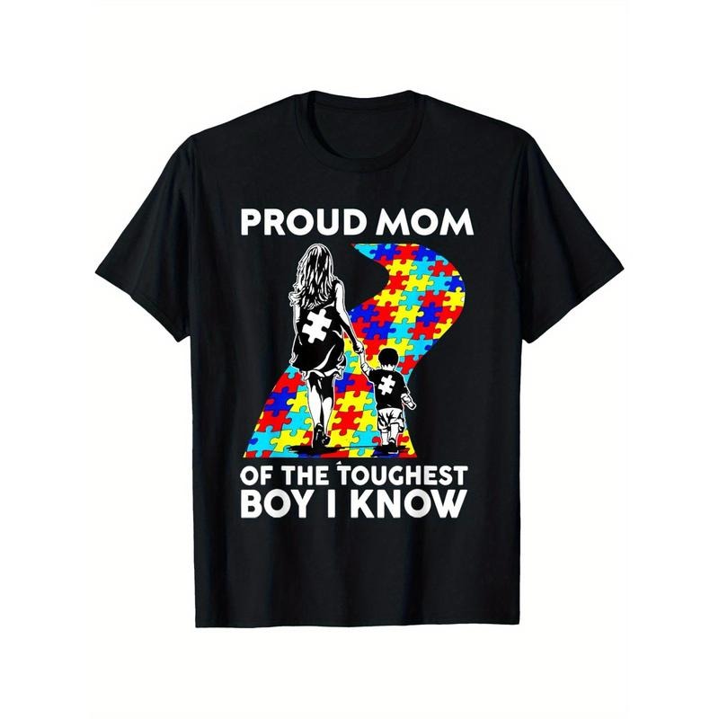 Proud Mom Graphic T-Shirt - 100%, Round Neck, Short Sleeve, Autism Awareness Design, Regular Fit, XL-XXXXXL, Casual & Sporty Style, Mom Shirts, PLUS SIZE